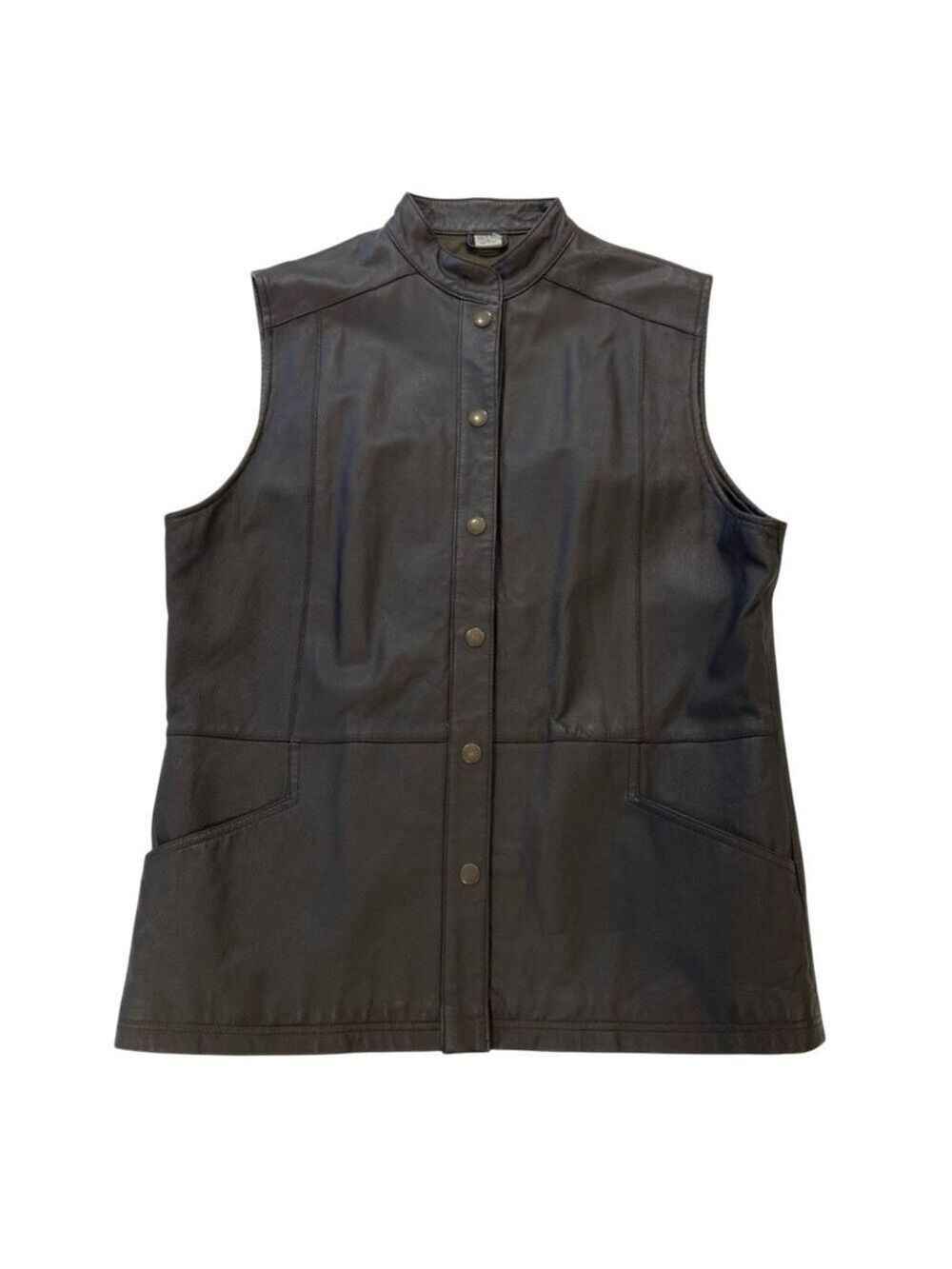RTG women dark brown genuine leather jacket sleeveless snap button up size 13